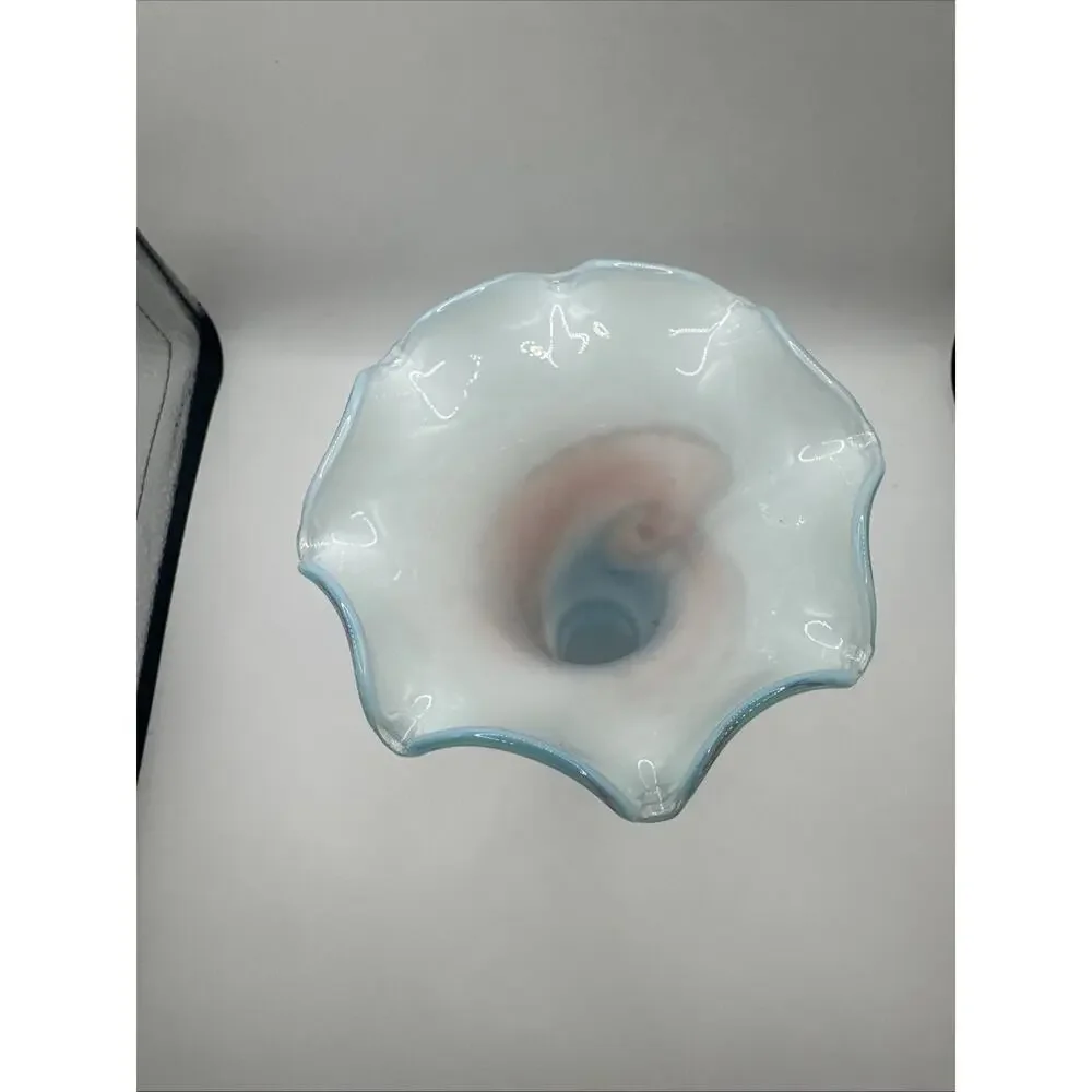 Hand Blown Murano Style Blue & Orange Ruffled Marbled Art Glass Statementpiece